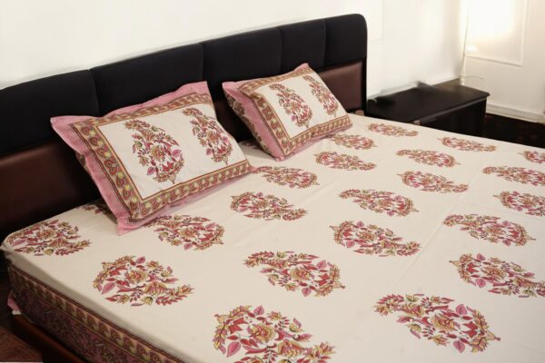 Pink Floral Block Print Cotton Bedsheet