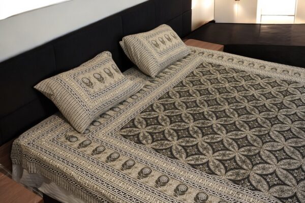 Black & Beige Ajrakh Hand Block Printed Cotton Bedsheet