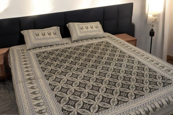 Black & Beige Ajrakh Hand Block Printed Cotton Bedsheet